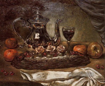 Impressionismus Stillleben Werke - Silberne Teekanne und Kuchen auf einem Teller Giorgio de Chirico Stillleben Impressionist